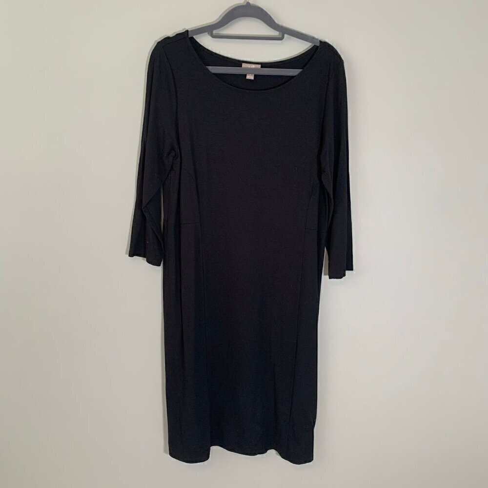 J. Jill Wearever Black Jersey Knit 3/4 Sleeve Shift Dress Med Scoop Neck Stretch